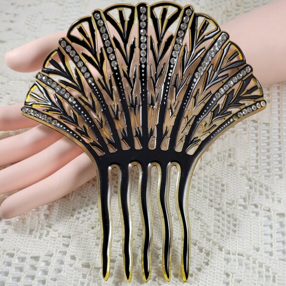 Vintage Tortoise Celluloid & Clear Rhinestone Art Deco Decorative Hair Comb - Picture 1 of 7
